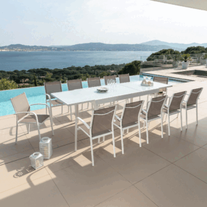 Mesa de jardín extensible de 12 plazas en cristal de Murano (320 x 100 cm)